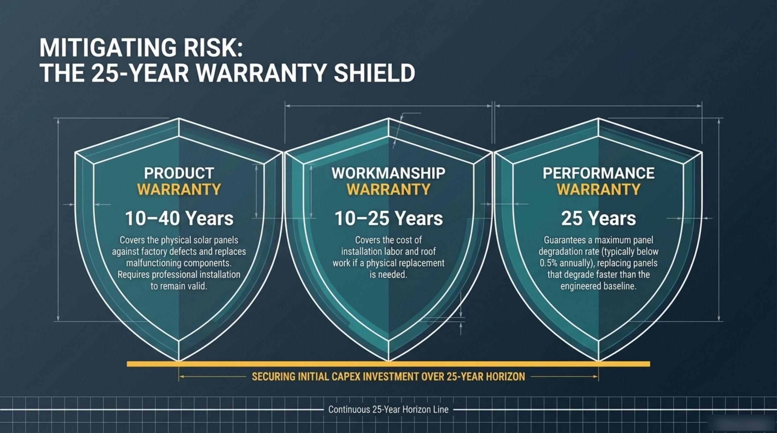 Slide 4 of the 25-Year Energy Asset deck: the 25-year warranty shield showing product warranty at 10 to 40 years, workmanship warranty at 10 to 25 years and performance warranty at 25 years