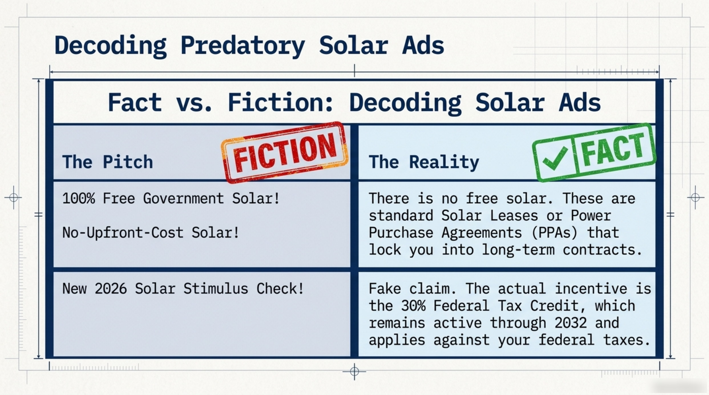 Slide decoding predatory solar advertisements, comparing the claims of free government solar, no-upfront-cost solar and a 2026 solar stimulus check against the reality of leases, power purchase agreements and the 30 per cent federal tax credit available through 2032