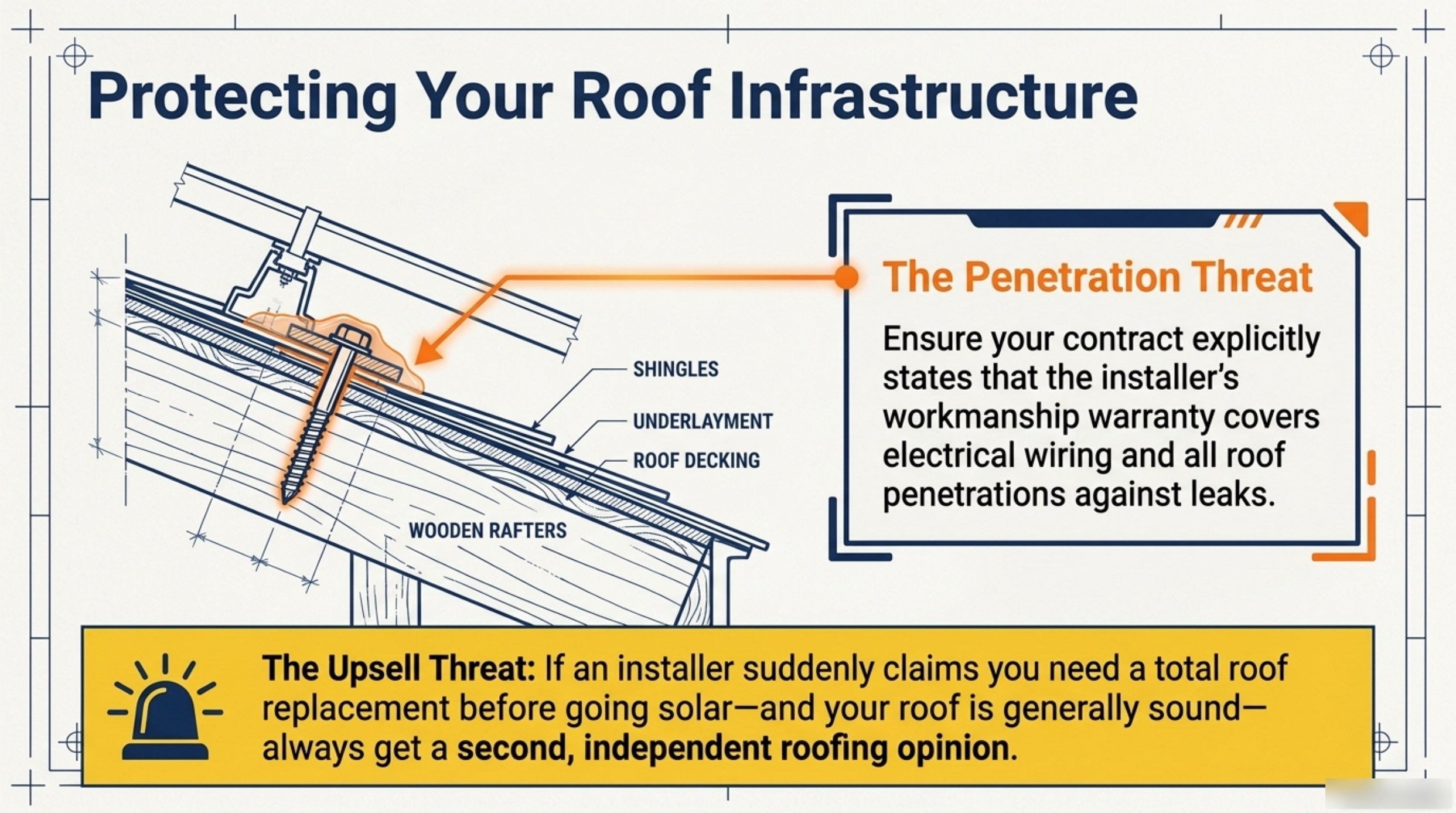 Slide titled Protecting Your Roof Infrastructure, showing the four roof layers of shingles, underlayment, roof decking and wooden rafters, with a note that the workmanship warranty must cover electrical wiring and all roof penetrations against leaks