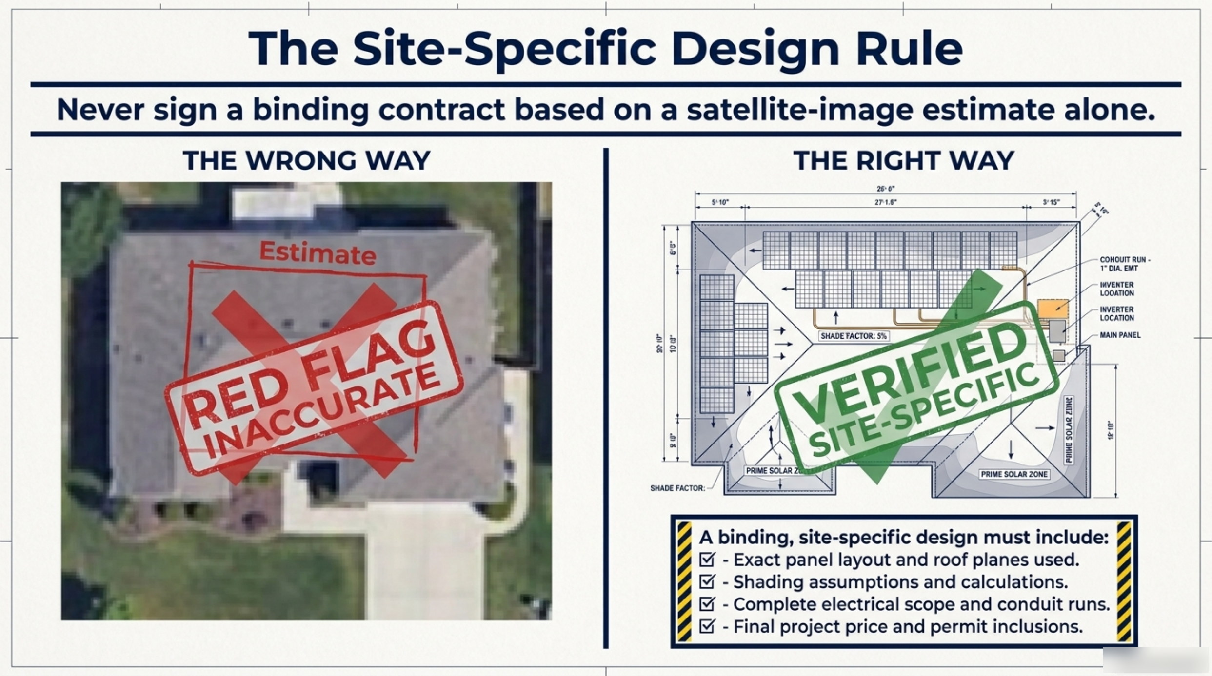 Slide comparing an inaccurate satellite estimate with a site-specific verified solar plan showing conduit runs and shade factor