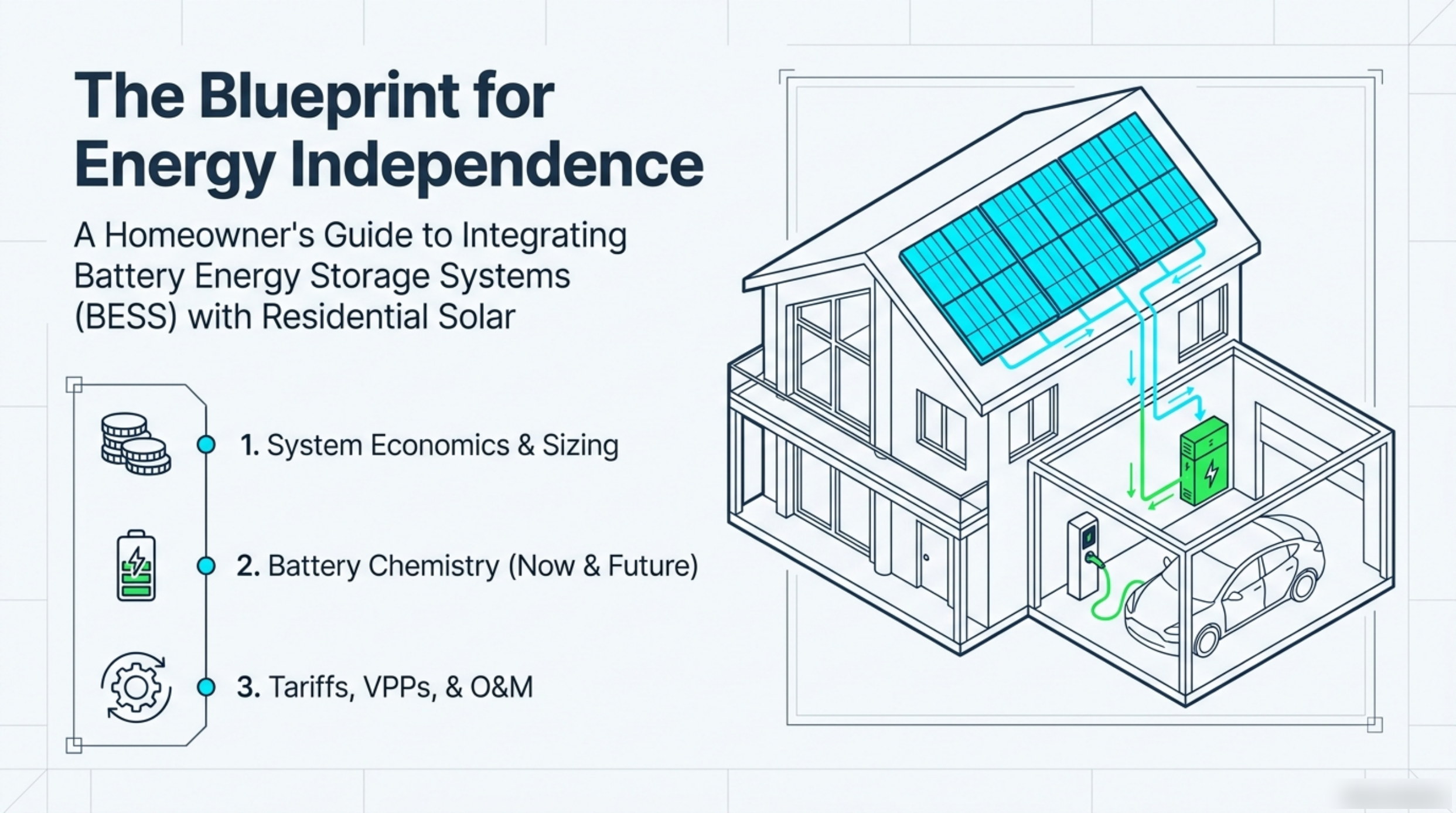 Title slide of the Blueprint for Energy Independence deck, listing its three sections: system economics and sizing, battery chemistry now and in the future, and tariffs, virtual power plants and operations and maintenance.