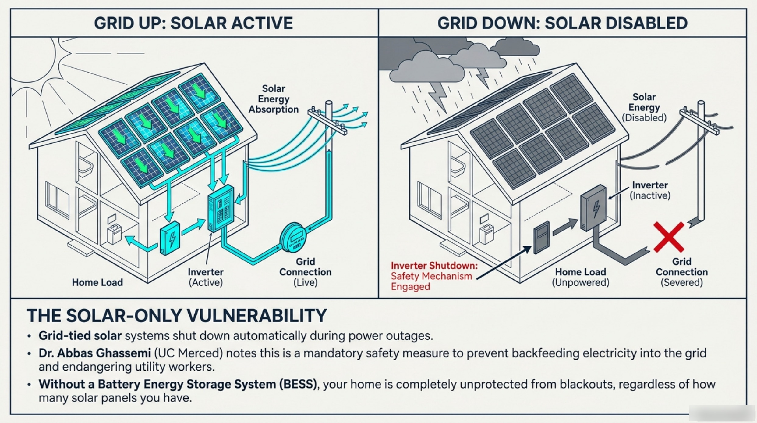 Diagram comparing a grid-tied solar system when the grid is up, with solar production active and the home load live, against the grid-down state where the inverter shuts down and the home load is left unpowered.