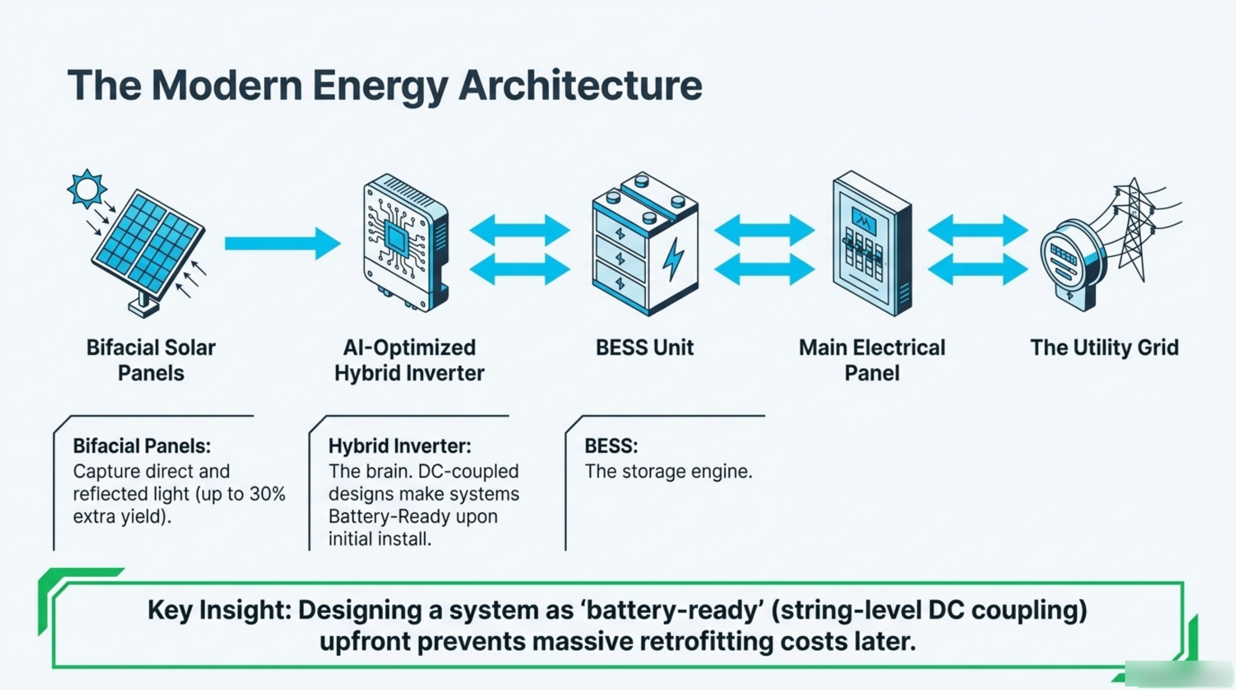 Diagram of a modern solar energy architecture, showing bifacial solar panels feeding an AI-optimised hybrid inverter, a battery energy storage unit, the main electrical panel and the utility grid.