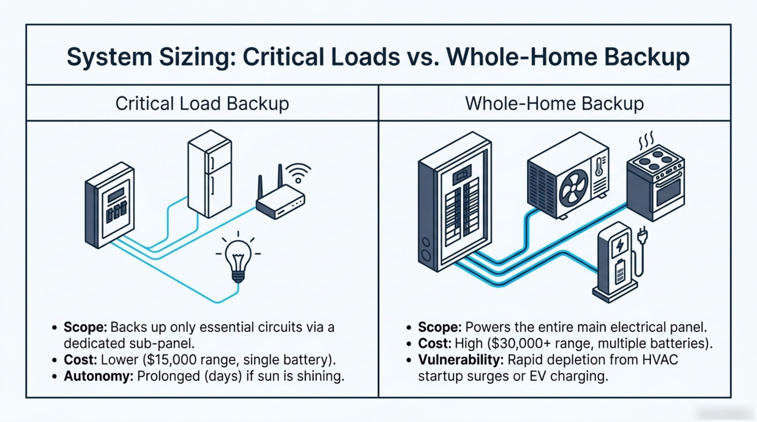 Comparison slide setting critical load backup, which powers essential circuits through a dedicated sub-panel, against whole-home backup, which powers the entire main electrical panel.