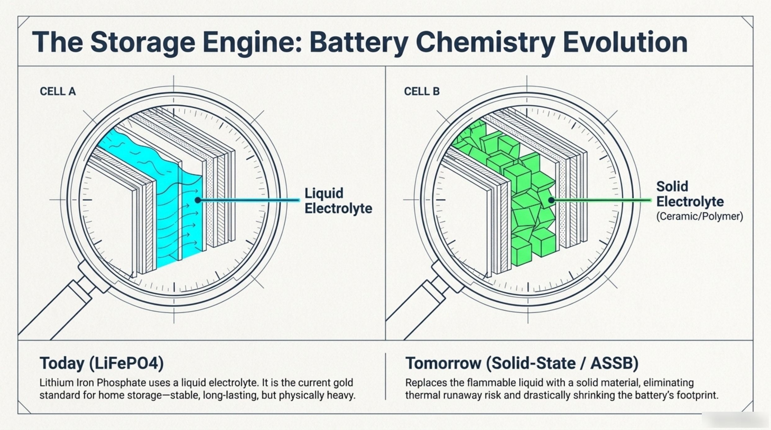 Deck slide comparing a lithium iron phosphate cell with a liquid electrolyte, labelled today's standard, against a solid-state ASSB cell with a ceramic or polymer solid electrolyte