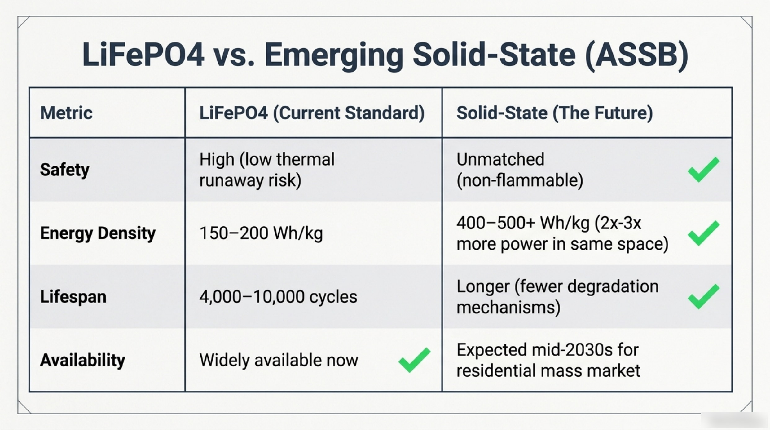 Deck slide table comparing LiFePO4 and solid-state ASSB home batteries on safety, energy density, lifespan and availability