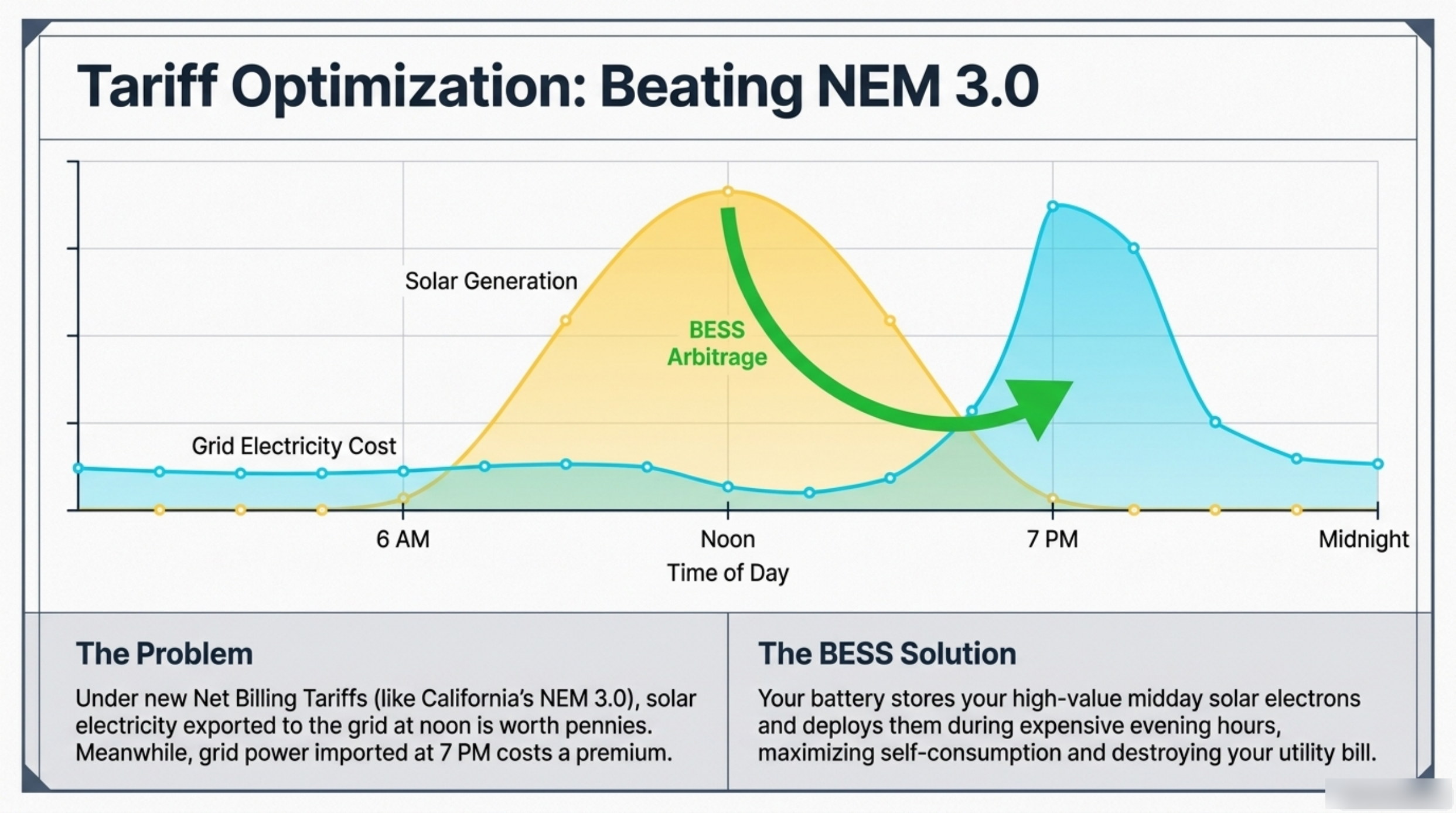 Deck chart plotting solar generation, battery arbitrage and grid electricity cost across a day from 6 AM to midnight, showing the evening peak