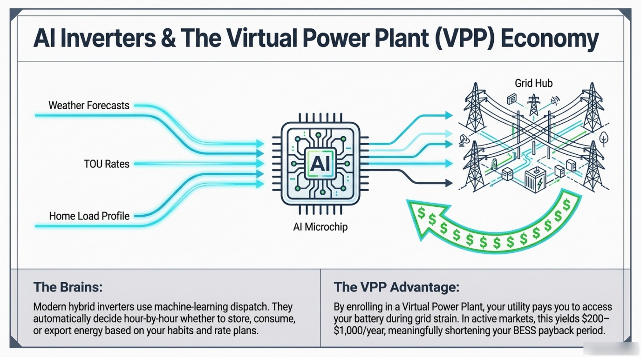 Deck diagram of an AI hybrid inverter connected to the grid hub, weather forecasts, time-of-use rates and the home load profile, with an AI microchip at the centre